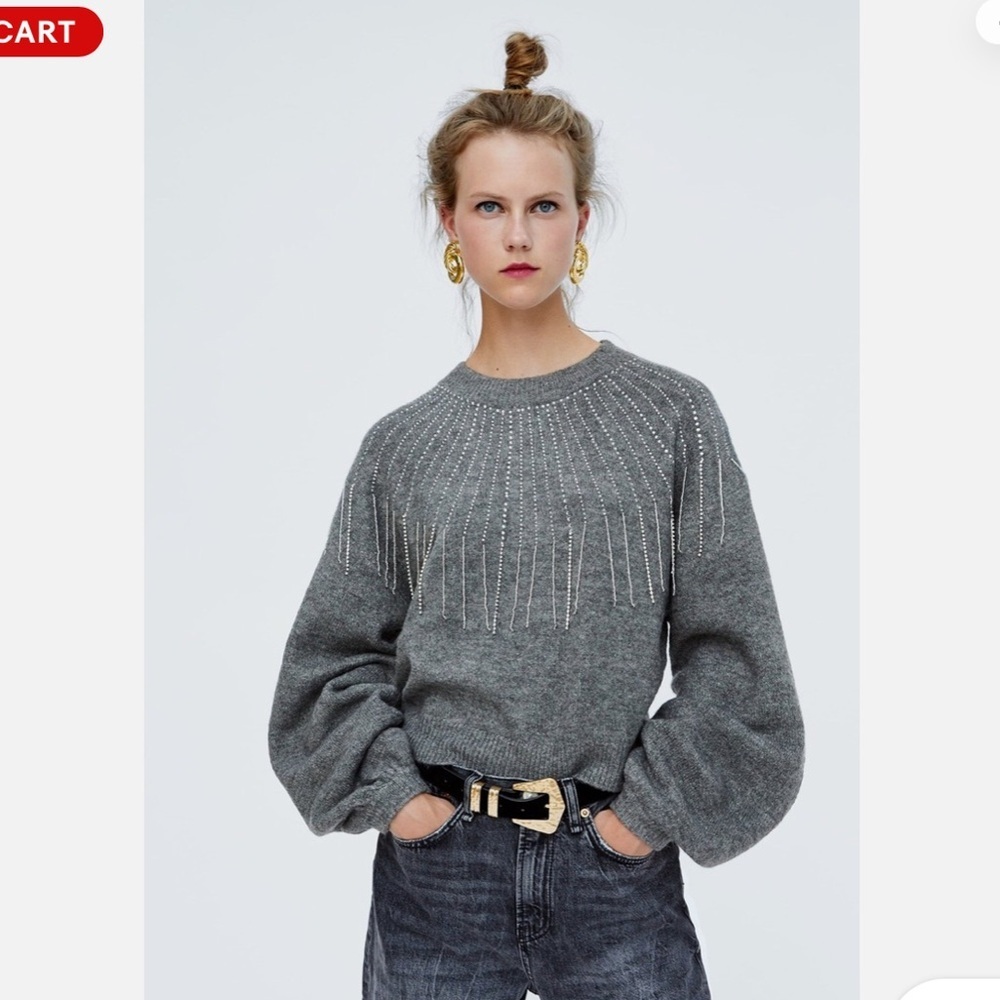 Zara Grey Beaded Fringe Crewneck Sweater